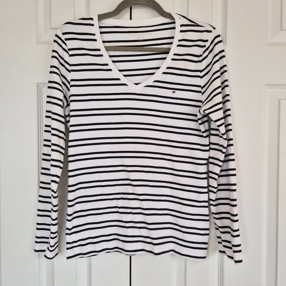 Tommy Hilfiger Striped V-Neck Long Sleeve Cotton Shirt Navy White L Nautical